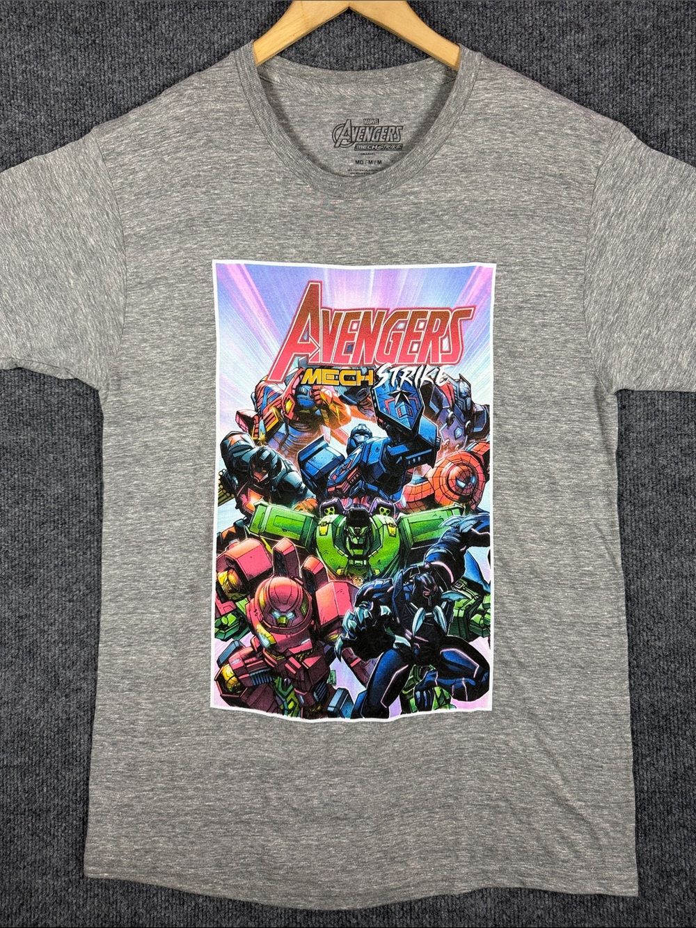 Marvel Avengers Mech Strike Men's Medium Gray Graphic T-Shirt Superhero Tee